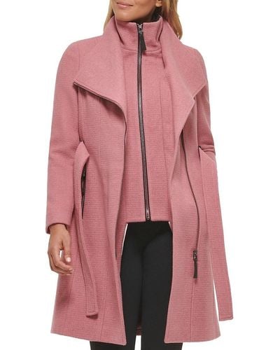 Calvin Klein Bib Belted Wool Blend Wrap Coat - Pink