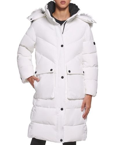 DKNY Faux Fur Trim Long Puffer Coat - White