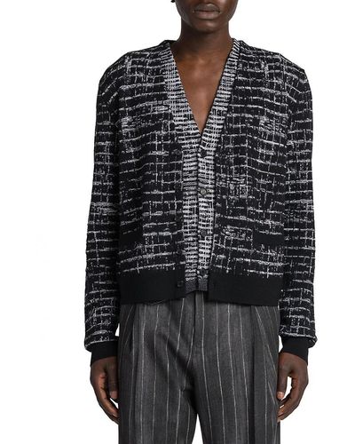 Versace Checkered Wool V Neck Cardigan - Black