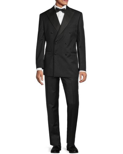 Saks Fifth Avenue Modern Fit Double Breasted Peak Lapel Wool Tuxedo - Black