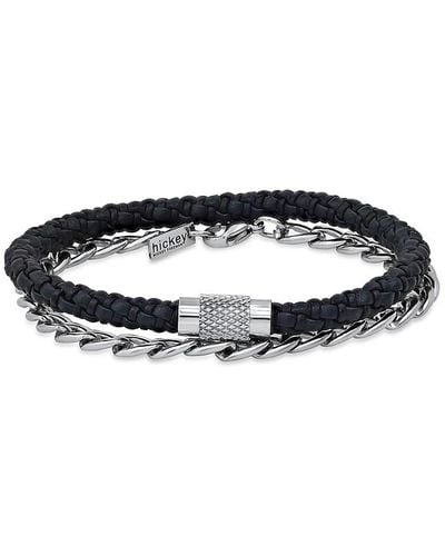 Hickey Freeman 2-piece Stainless Steel Chain & Leather Strand Bracelet Set - Black