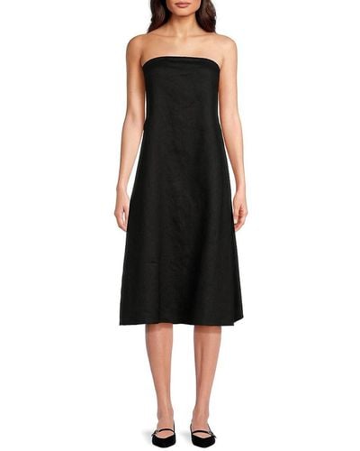 Saks Fifth Avenue Bandeau Neck 100% Linen Knee Length Dress - Black