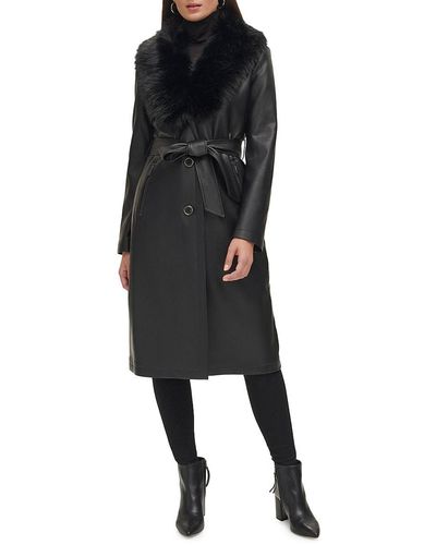 Kenneth Cole Faux Leather & Faux Fur Belted Trench Coat - Black