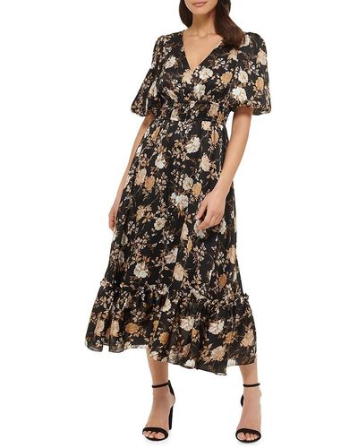 Kensie Floral Print Puff Sleeve Maxi Dress - Black