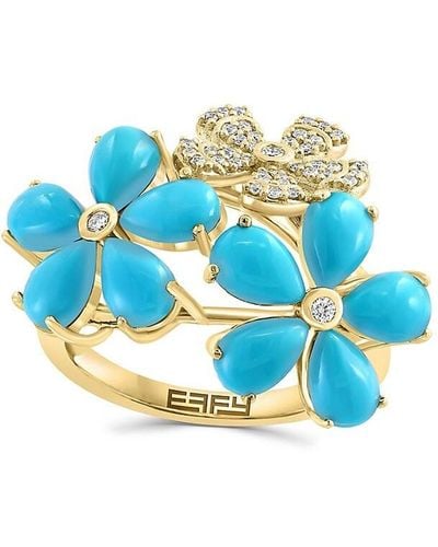Effy 14k Yellow Gold, Turquoise & Diamond Floral Ring - Blue