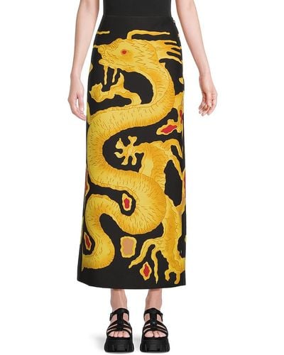 Valentino Dragon Print Virgin Wool & Silk Maxi Skirt - Yellow