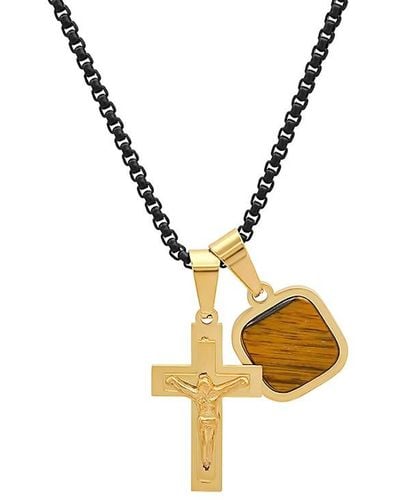 Anthony Jacobs Black Ip 18k Goldplated Stainless Steel Cross & Tiger Eye Pendant Necklace - Metallic