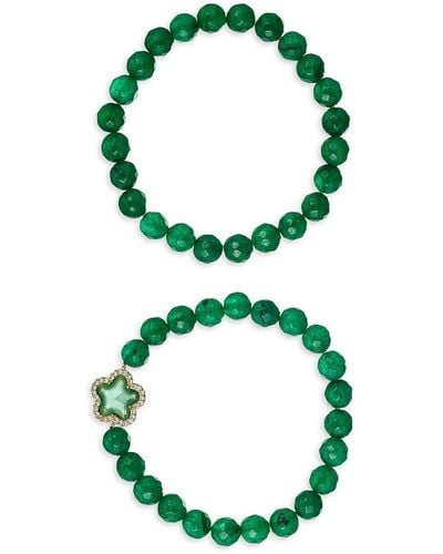 Eye Candy LA Luxe Fleur 2-piece Agate & Cubic Zirconia Beaded Bracelet Set - Green