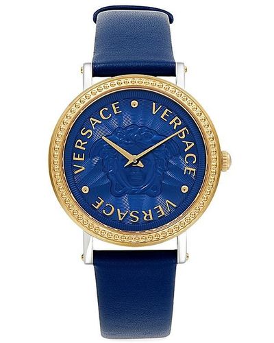 Versace 37mm Stainless Steel & Leather Strap Watch - Blue