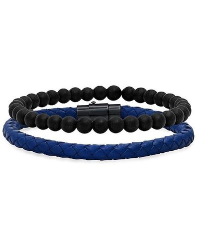 Anthony Jacobs 2-piece Leather Braided Bracelet Set - Blue