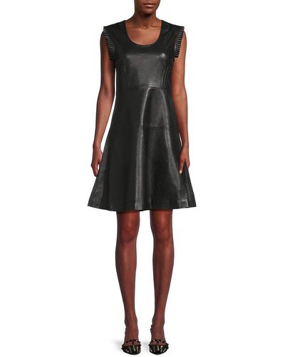 Truth Dara Ruffle A-line Leather Mini Dress - Black