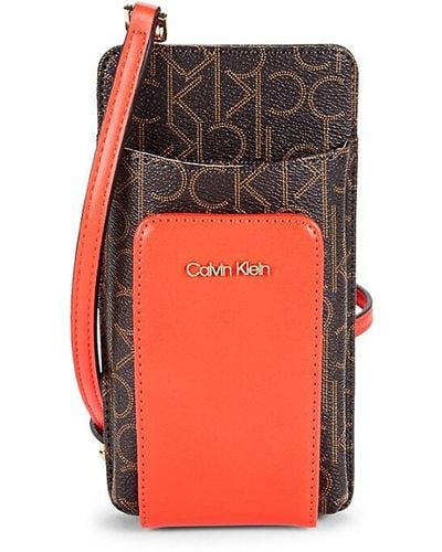 Calvin Klein Logo Faux Leather Phone Crossbody Bag - Orange