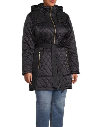 Nine West Plus Belted Hooded Puffer Jacket - Black