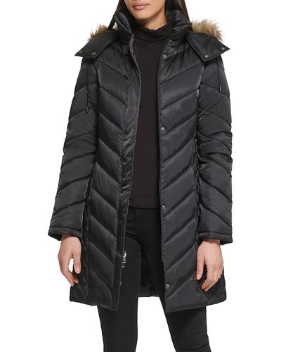 Kenneth Cole Quilted Faux Fur Hood Heavyweight Puffer Coat - Blue