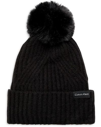 Calvin Klein Ribbed Faux Fur Trim Beanie - Black