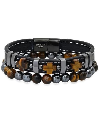 Anthony Jacobs 2-Piece Leather, Stainless Steel, Hematite & Tiger Eye Beaded Bracelet Set - Black