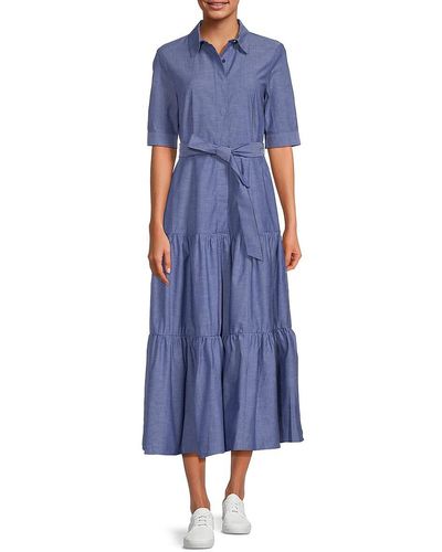 Calvin Klein Tiered Belted Denim Midi Dress - Blue
