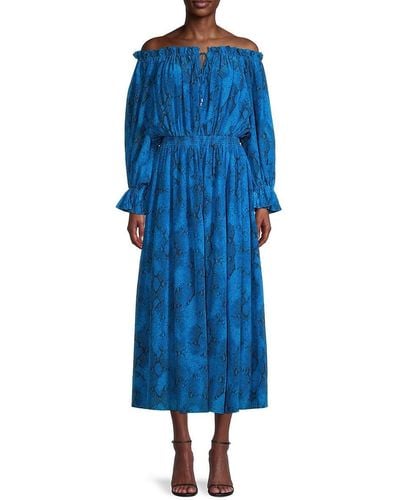 Tahari Silk Off Shoulder Midi Dress - Blue