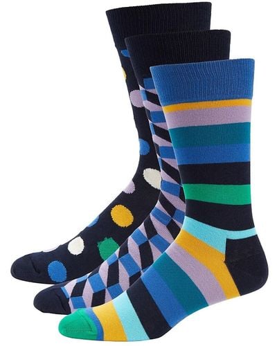 Happy Socks 3-pack Pattern Crew Socks - Blue