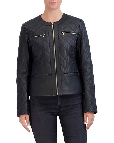 Cole Haan Collarless Quilted Leather Jacket - Black