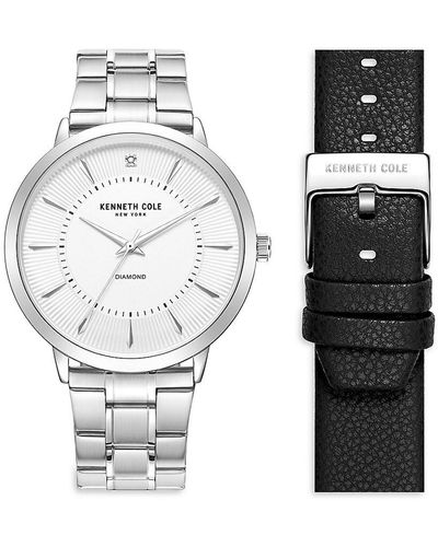 Kenneth Cole 43mm Stainless Steel, Diamond, Bracelet & Leather Strap Watch Gift Set - White