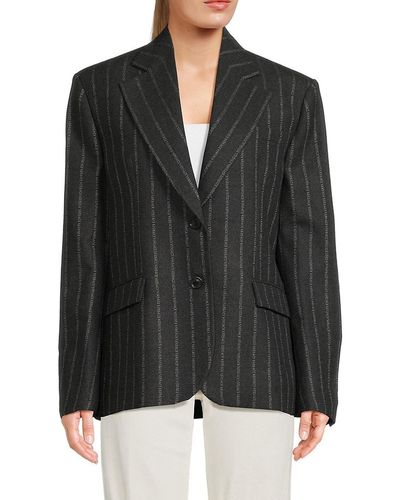 Versace Pinstripe Wool Blend Mid Blazer - Black