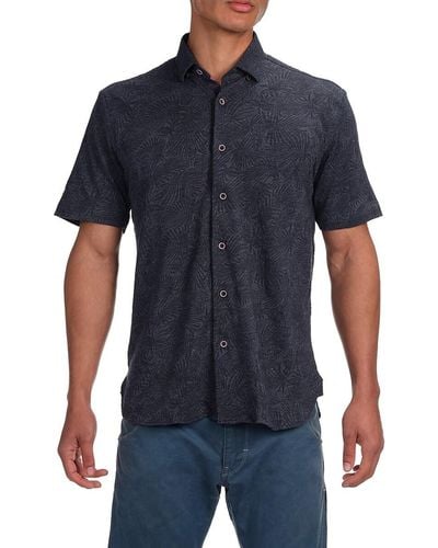 Garnet Short Sleeve Palm Tree Knit Button Down Shirt - Blue