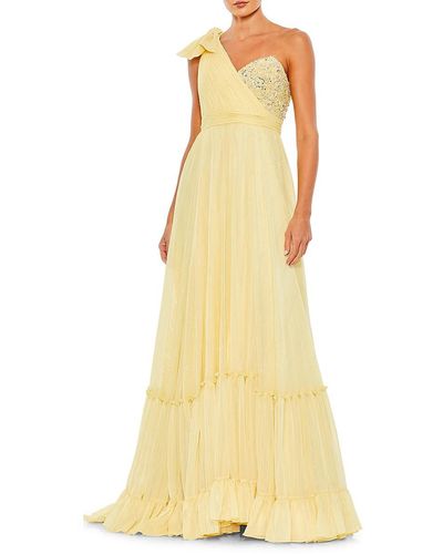 Mac Duggal Embellished Tie Shoulder Ruffle Gown - Yellow