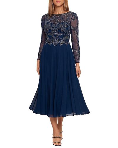 Xscape Embroidered Chiffon Fit & Flare Dress - Blue