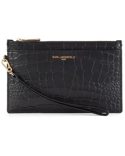 Karl Lagerfeld Croc Embossed Leather Wristlet Pouch - Black
