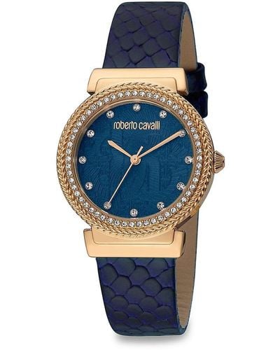 Roberto Cavalli 32mm Stainless Steel, Crystal & Leather Strap Watch - Blue