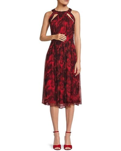 BCBGMAXAZRIA Floral Cutout Pleated Midi Dress - Red