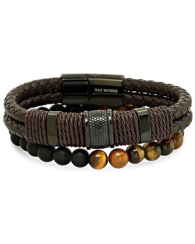 Anthony Jacobs 2-Piece Ip Stainless Steel, Leather & Tiger Eye Bracelet Set - Black