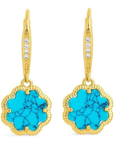 Sterling Forever Rose Clover 14k Goldplated, Created Turquoise & Cubic Zirconia Drop Earrings - Blue