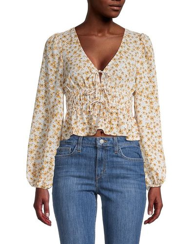 Lush Floral-print Smocked Tie-front Cropped Top - Blue