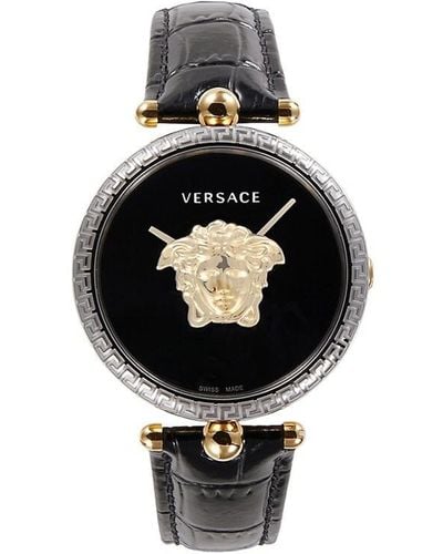 Versace 39Mm Two Tone Ip Stainless Steel & Croc Embossed Leather Strap Watch - Black