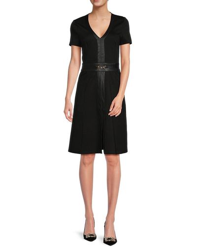 Ellen Tracy Ponte Faux Leather Fit & Flare Dress - Natural