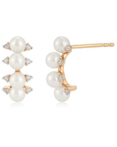 EF Collection Core 14k Rose Gold, 3mm Pearl & Diamond Arc Stud Earrings - White