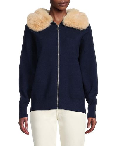 Saks Fifth Avenue Saks Fifth Avenue Faux Fur Collar Bomber Sweater - Blue