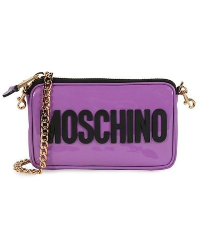 Moschino Logo Patent Leather Crossbody Bag - Purple