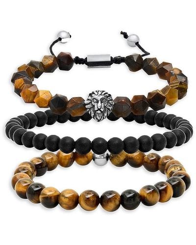 Anthony Jacobs 3-Piece Stainless Steel, Tiger'S Eye & Lava Bead Bracelet Set - Natural