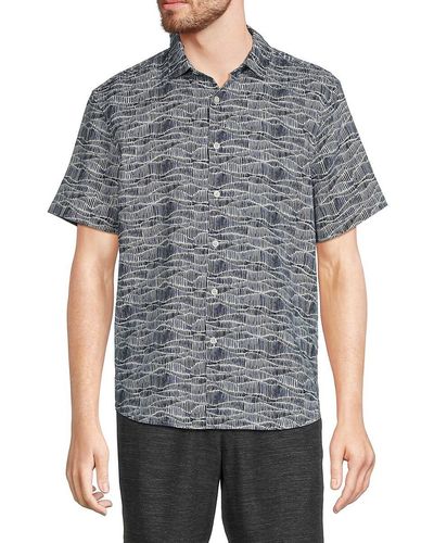 Perry Ellis Short Sleeve Wave Linen Blend Button Down Shirt - Grey