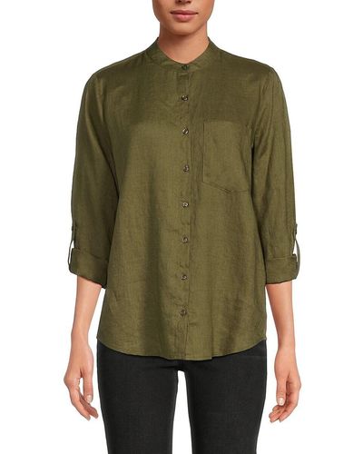 Saks Fifth Avenue Band Collar 100% Linen Shirt - Green