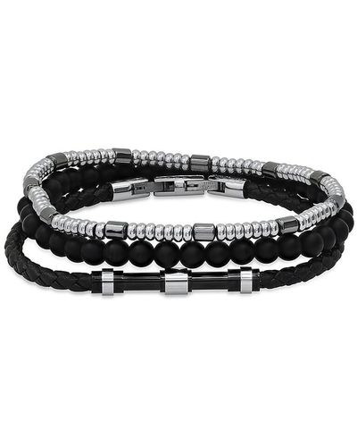 Hickey Freeman 3-piece Stainless Steel, Hematite, Lava Bead & Leather Bracelet Set - Black