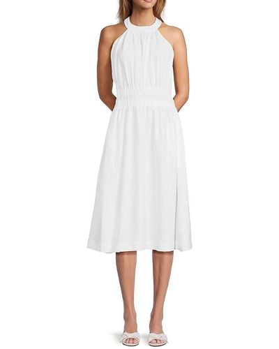 Saks Fifth Avenue Jewelneck 100% Linen Midi Dress - White