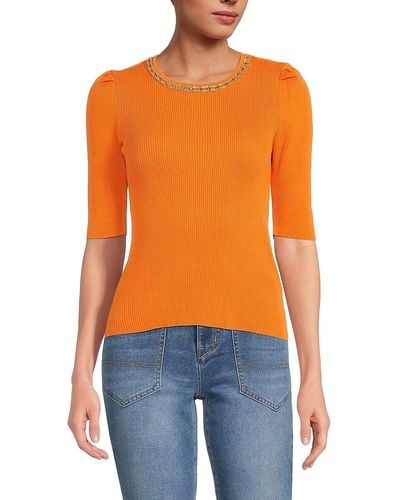 Nanette Lepore Jewelneck Ribbed Sweater - Orange