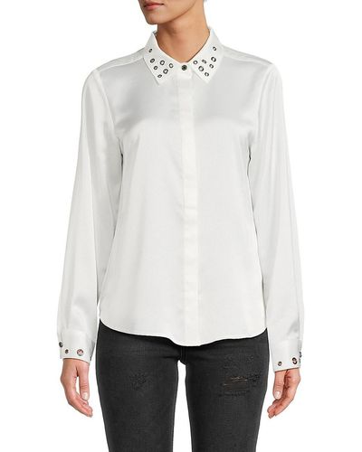 Karl Lagerfeld Grommet Satin Button Down Shirt - White