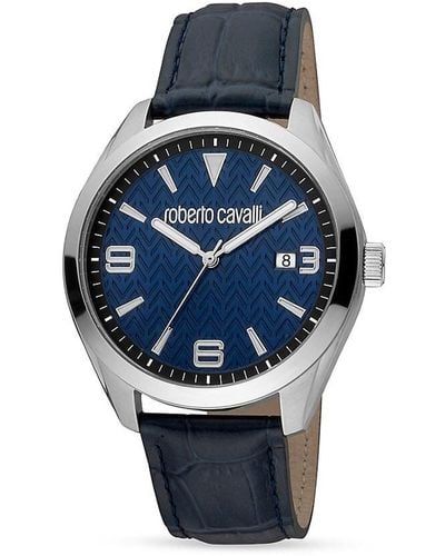 Roberto Cavalli 42mm Stainless Steel & Leather Strap Watch - Blue
