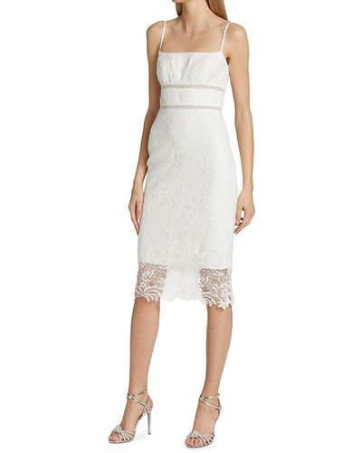 ML Monique Lhuillier Allover Lace Knee Length Sheath Cocktail Midi Dress - White