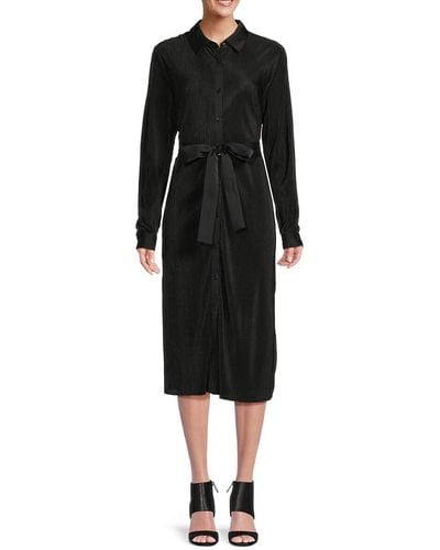 Saks Fifth Avenue Plisse Belted Midi Shirtdress - Black